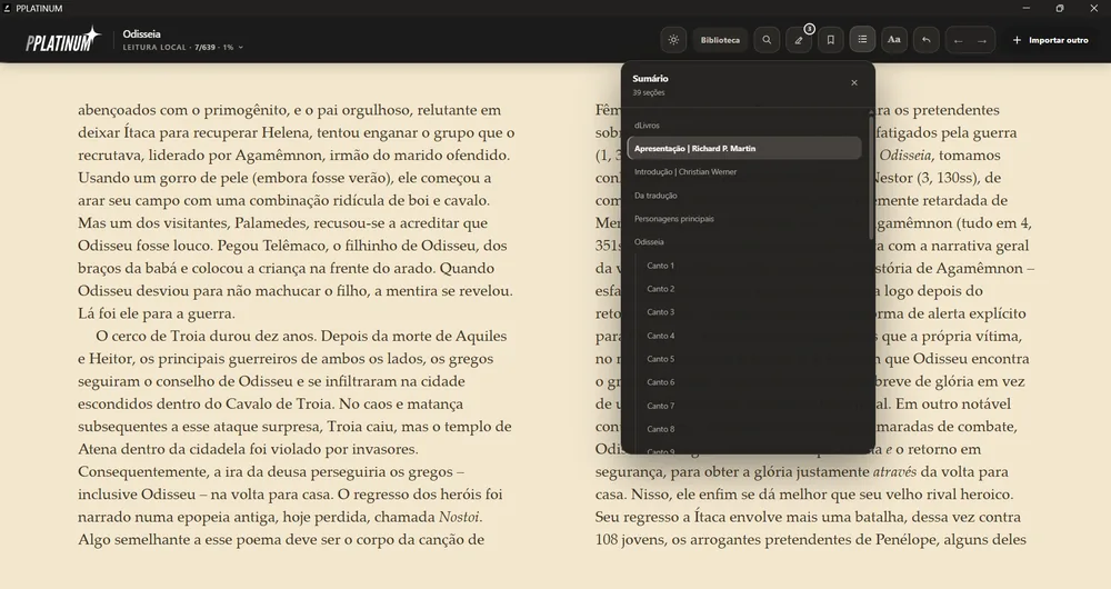 Sumário do livro com 39 seções navegáveis