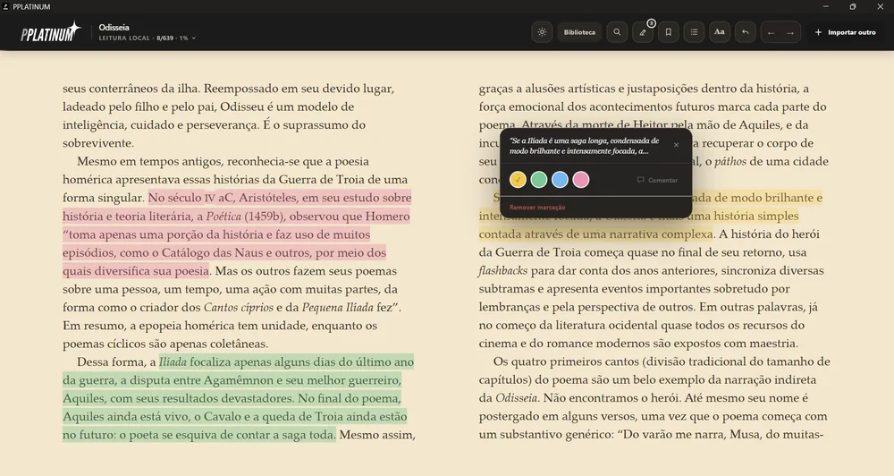 Trechos destacados em quatro cores com opção de comentário