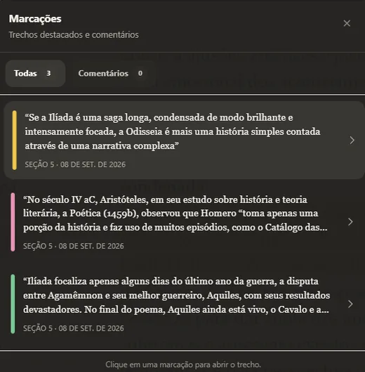 Painel de marcações reunindo os trechos destacados do livro