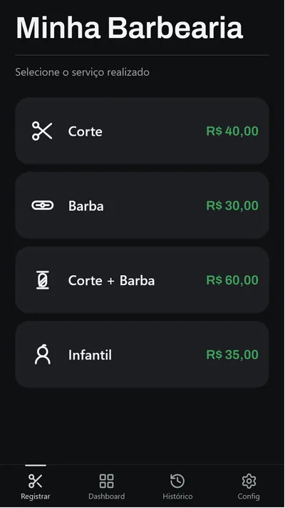 Tela de registro — 4 cards de serviço: Corte, Barba, Corte+Barba, Infantil