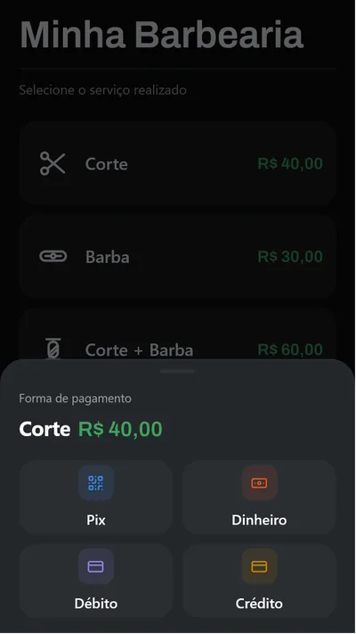 Seleção de pagamento — Pix, Dinheiro, Débito, Crédito